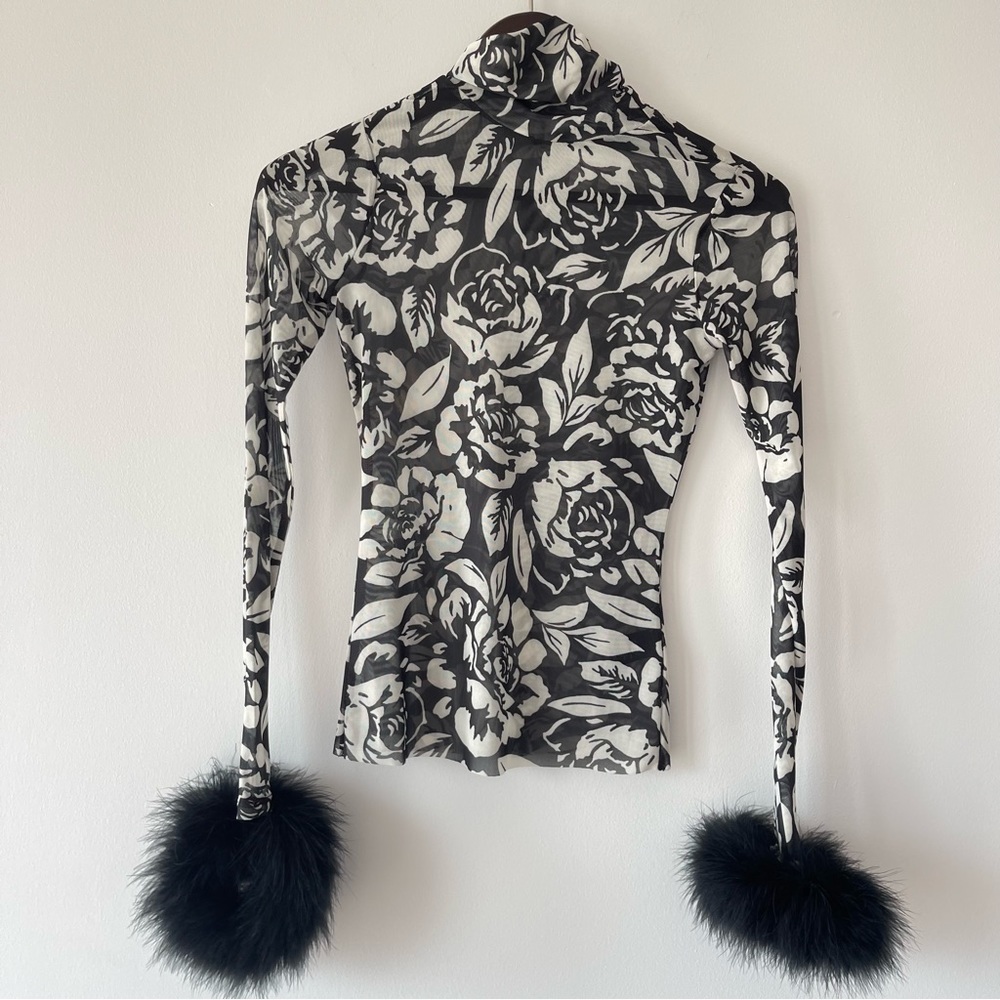 ❌SOLD❌Afrm x Revolve Miki Black Noir Rose Mesh turtleneck top with faux fur cuff - Picture 4 of 12